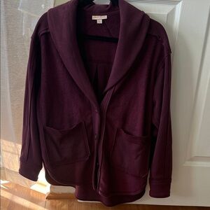 Deep Burgundy/plum sweatshirt like cardigan or shacket, so cute!